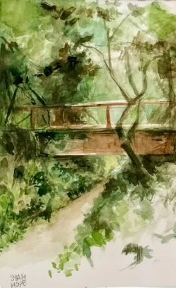 ilustración de viaje del Jardín Museo al aire libre de Azuel en el Valle de los Pedroches, en la región de la Cardeña de Andalucí. Ilustración en acuarela realizada por la artista Sofia Cande de Art Syamhope