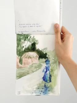 Arte evocativa dei colori e delle sensazioni del campo e della natura, espressione emotiva sketchbook di viaggio