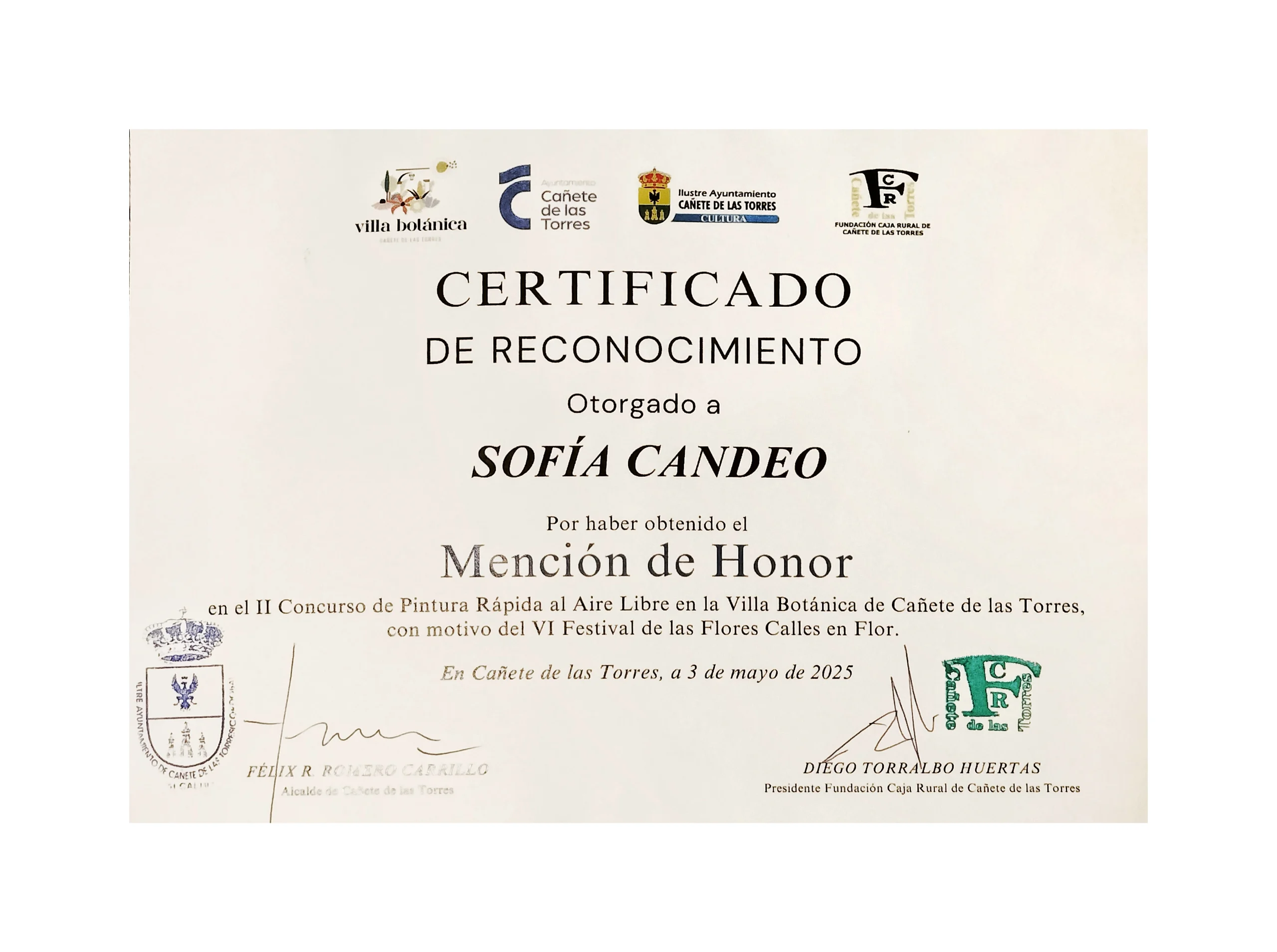 Mención de honor a Sofia Candeo en Pintura Rápida 2025 en el Concurso de Caéte de las Torres, Córdoba