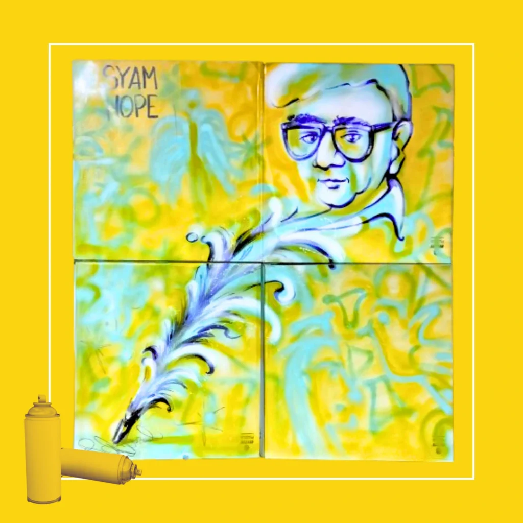 Opera d'arte disponibile per Eventi e Collettori D'Arte, grande formato, colori principali azzurro e giallo, di Art Syamhopr, Sofia Candeo creata durante la Live Art della Noche en Blanco de Málaga 2025